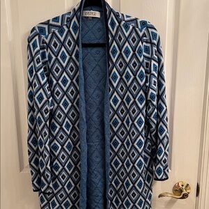 Kasper Blue and White Geometric Cardigan